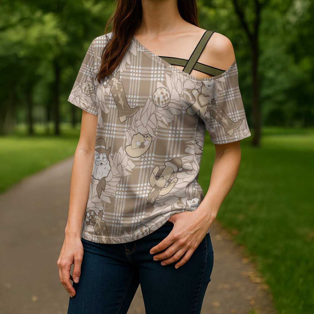 Khaki Palaka Hawaii Cowboy Christmas Cross Shoulder Shirt Paniolo Mix Maile Lei - Polynesian Pride