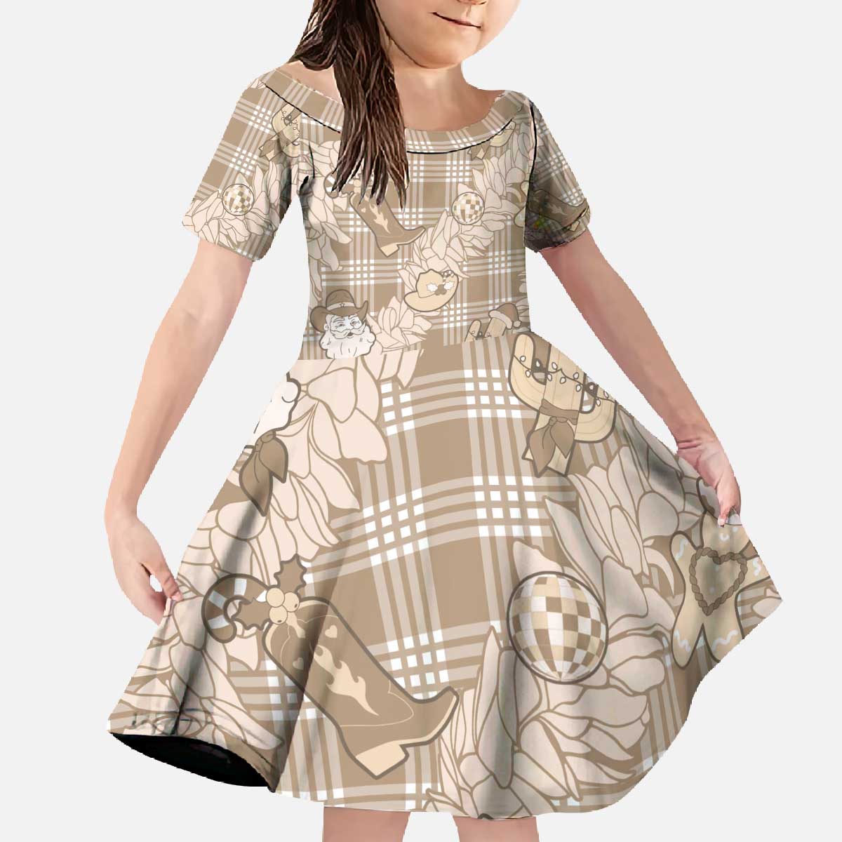 Khaki Palaka Hawaii Cowboy Christmas Family Matching Off The Shoulder Long Sleeve Dress and Hawaiian Shirt Paniolo Mix Maile Lei - Polynesian Pride