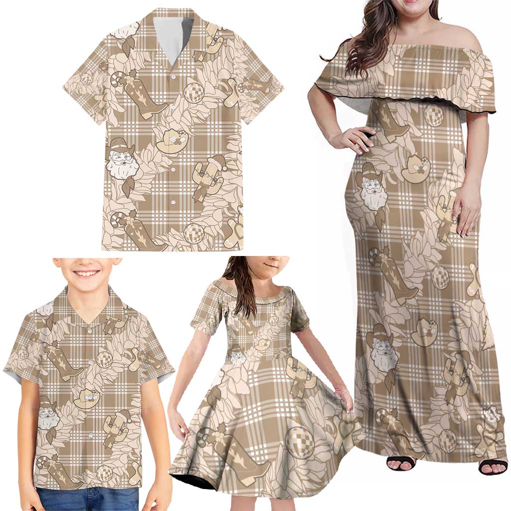 Khaki Palaka Hawaii Cowboy Christmas Family Matching Off Shoulder Maxi Dress and Hawaiian Shirt Paniolo Mix Maile Lei - Polynesian Pride