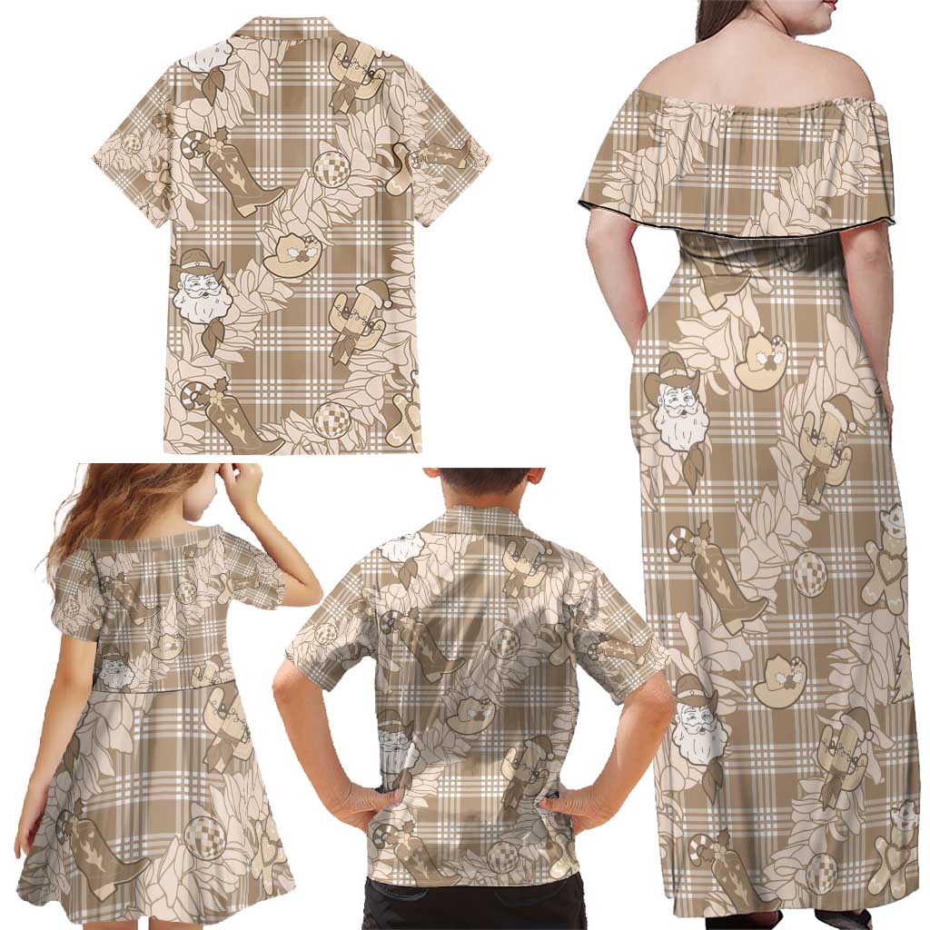 Khaki Palaka Hawaii Cowboy Christmas Family Matching Off Shoulder Maxi Dress and Hawaiian Shirt Paniolo Mix Maile Lei - Polynesian Pride
