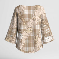 Khaki Palaka Hawaii Cowboy Christmas Kimono Sleeve Blouse Paniolo Mix Maile Lei - Polynesian Pride