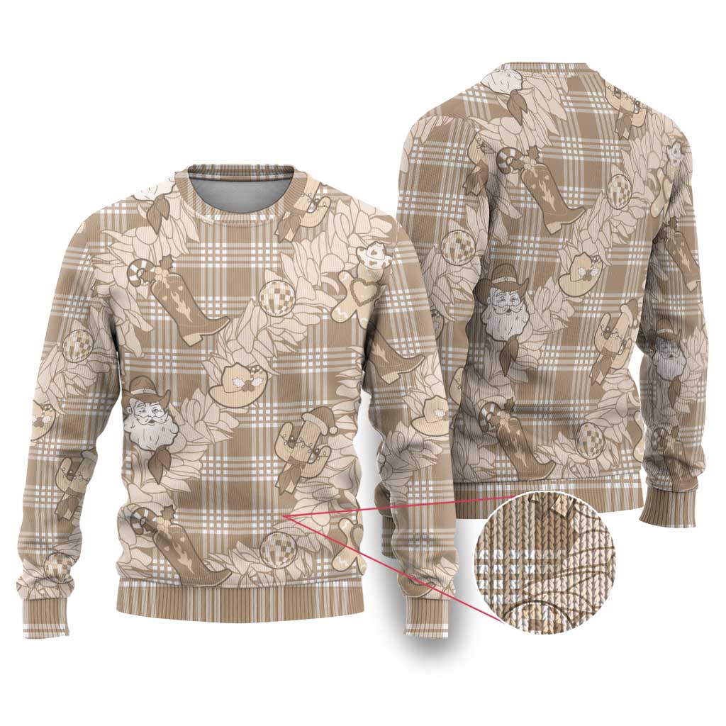 Khaki Palaka Hawaii Cowboy Christmas Ugly Christmas Sweater Paniolo Mix Maile Lei - Polynesian Pride