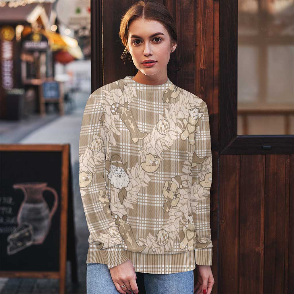 Khaki Palaka Hawaii Cowboy Christmas Ugly Christmas Sweater Paniolo Mix Maile Lei - Polynesian Pride