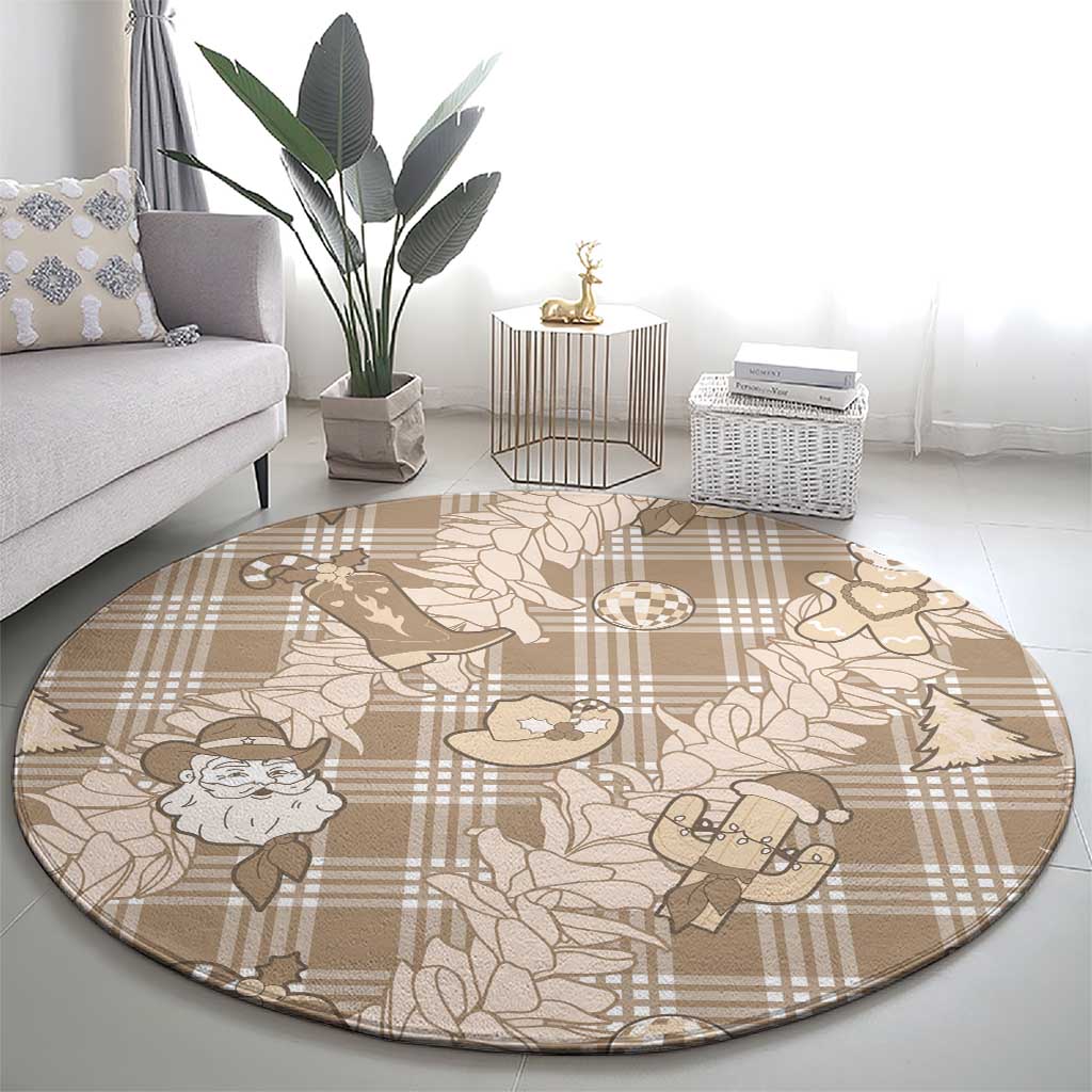 Khaki Palaka Hawaii Cowboy Christmas Round Carpet Paniolo Mix Maile Lei - Polynesian Pride