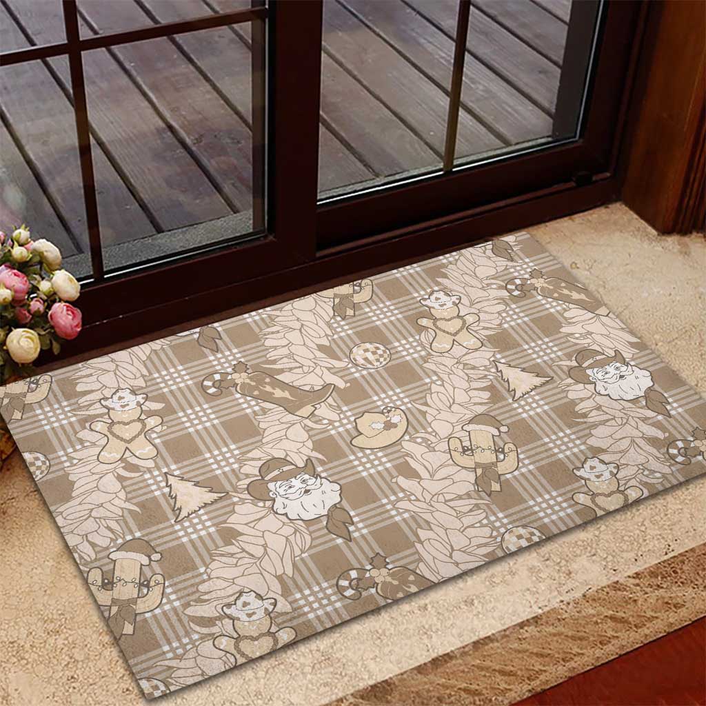 Khaki Palaka Hawaii Cowboy Christmas Rubber Doormat Paniolo Mix Maile Lei - Polynesian Pride