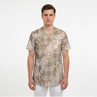Khaki Palaka Hawaii Cowboy Christmas Scrub Top Paniolo Mix Maile Lei - Polynesian Pride