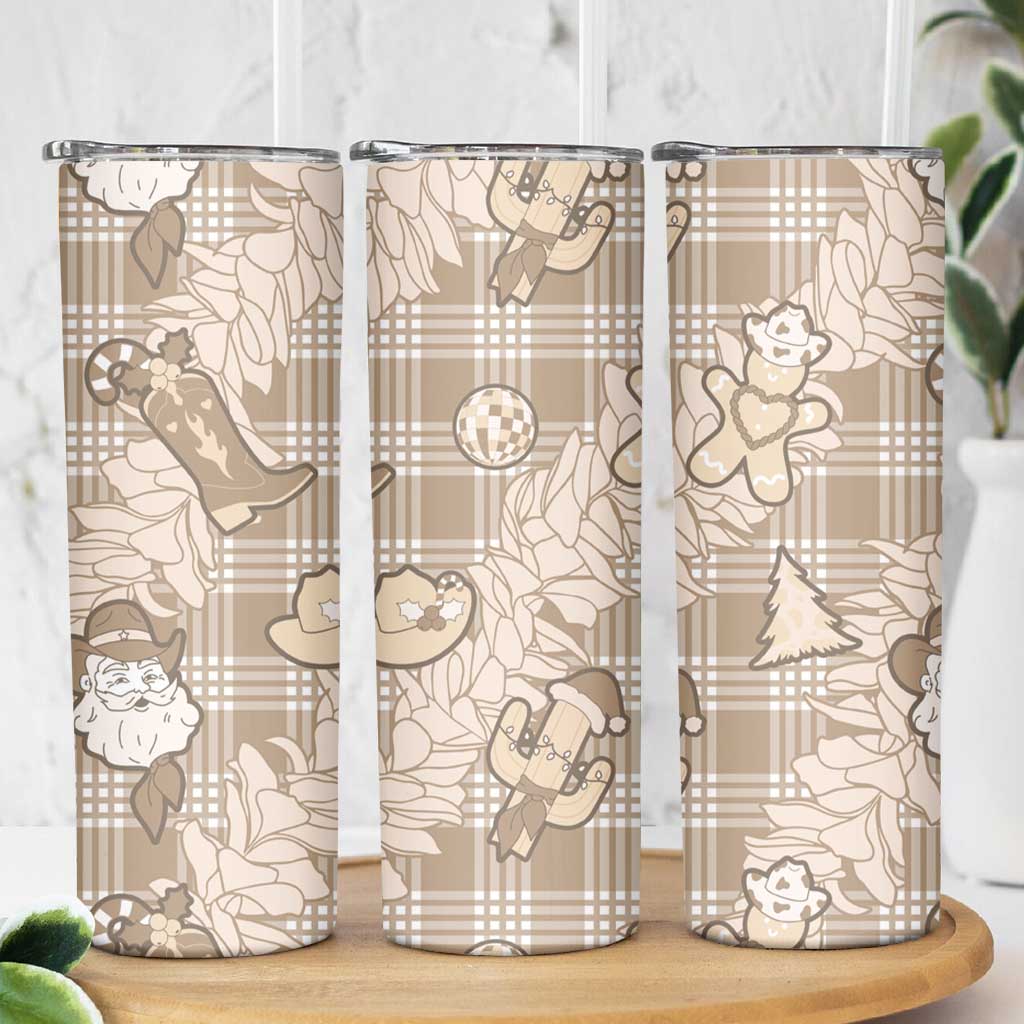 Khaki Palaka Hawaii Cowboy Christmas Skinny Tumbler Paniolo Mix Maile Lei - Polynesian Pride