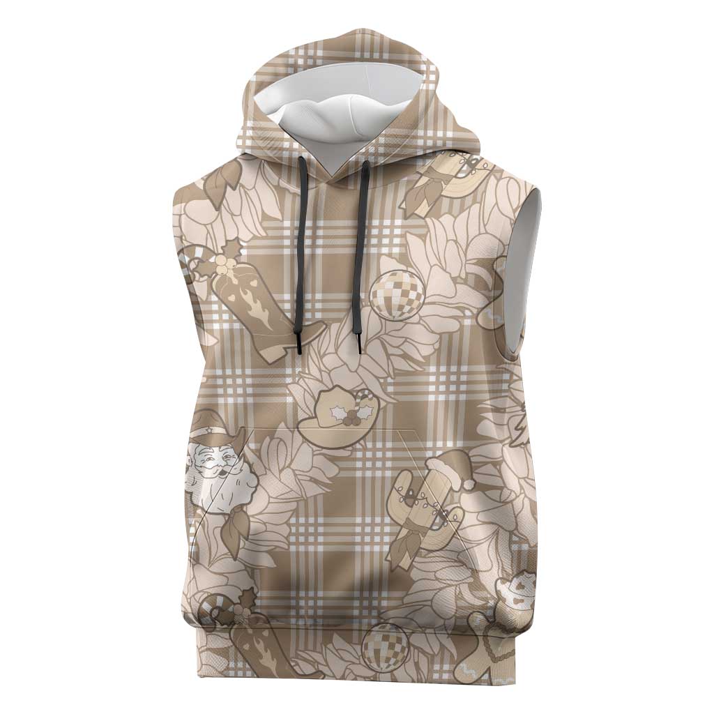 Khaki Palaka Hawaii Cowboy Christmas Sleeveless Hoodie Paniolo Mix Maile Lei - Polynesian Pride
