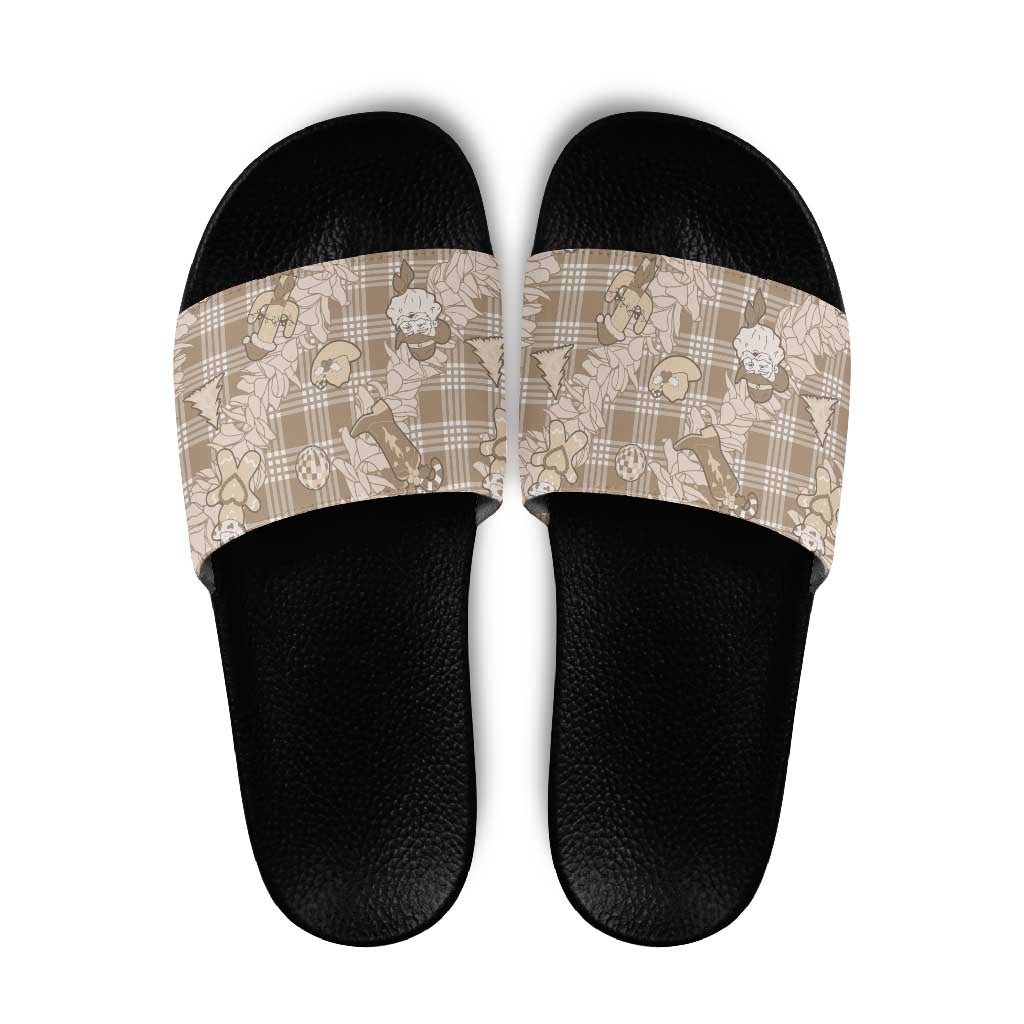 Khaki Palaka Hawaii Cowboy Christmas Slide Sandals Paniolo Mix Maile Lei - Polynesian Pride