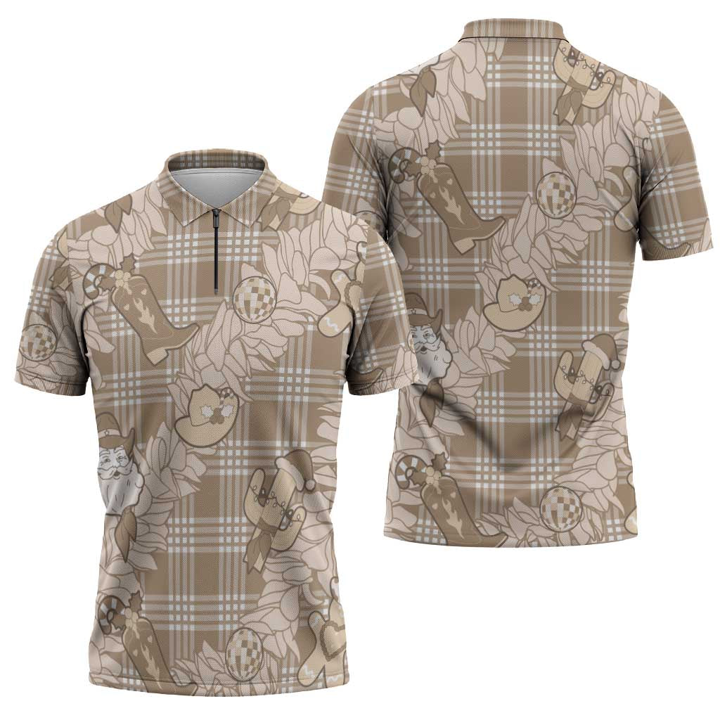 Khaki Palaka Hawaii Cowboy Christmas Zipper Polo Shirt Paniolo Mix Maile Lei - Polynesian Pride