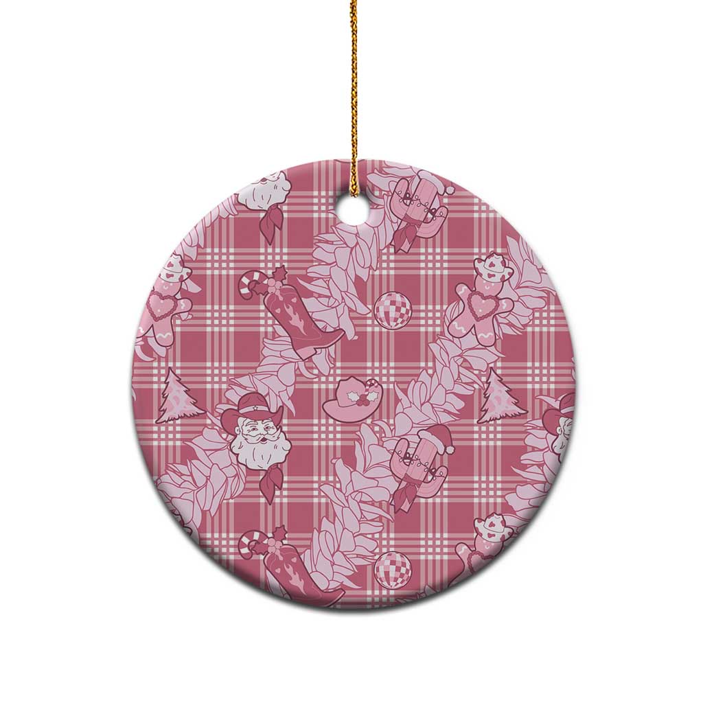 Pink Palaka Hawaii Cowboy Christmas Ceramic Ornament Paniolo Mix Maile Lei - Polynesian Pride