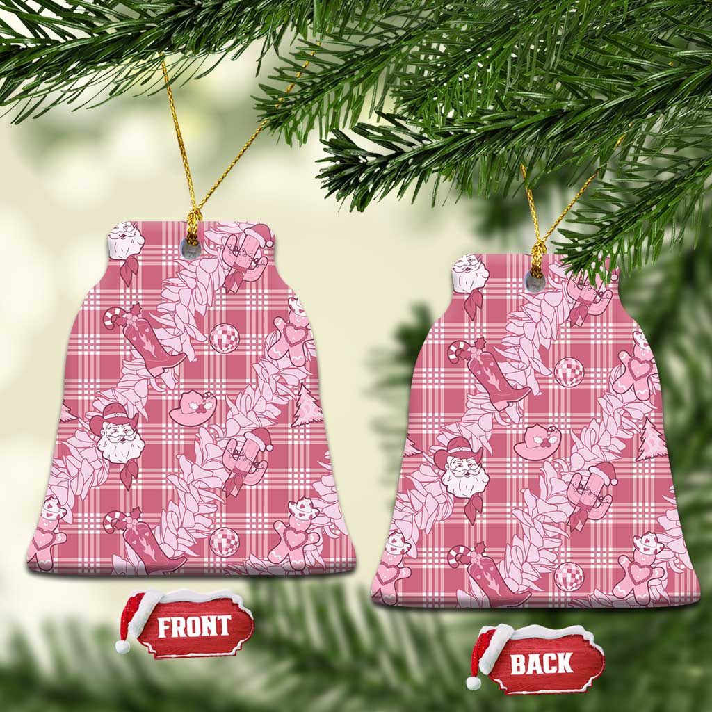 Pink Palaka Hawaii Cowboy Christmas Ceramic Ornament Paniolo Mix Maile Lei - Polynesian Pride