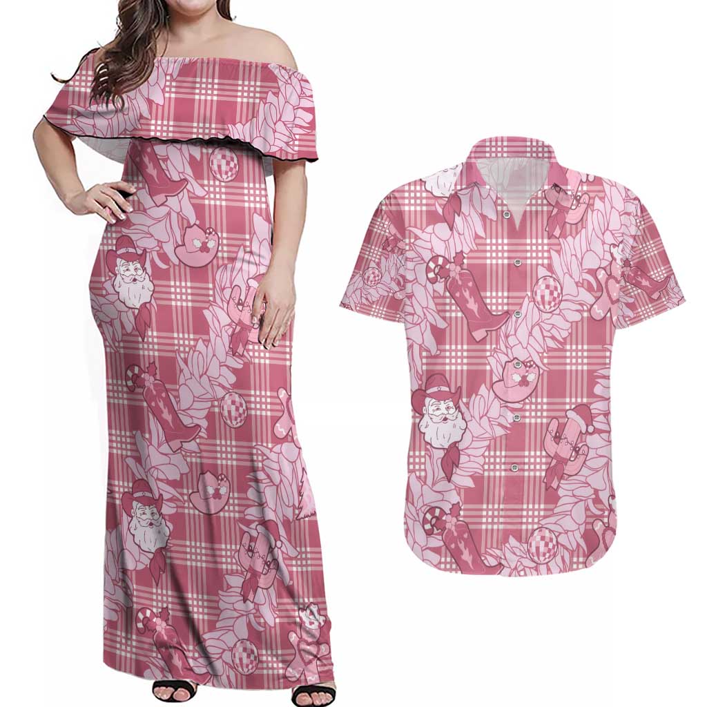 Pink Palaka Hawaii Cowboy Christmas Couples Matching Off Shoulder Maxi Dress and Hawaiian Shirt Paniolo Mix Maile Lei LT7 Pink - Polynesian Pride