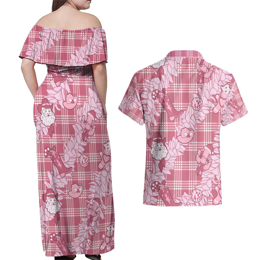 Pink Palaka Hawaii Cowboy Christmas Couples Matching Off Shoulder Maxi Dress and Hawaiian Shirt Paniolo Mix Maile Lei LT7 - Polynesian Pride