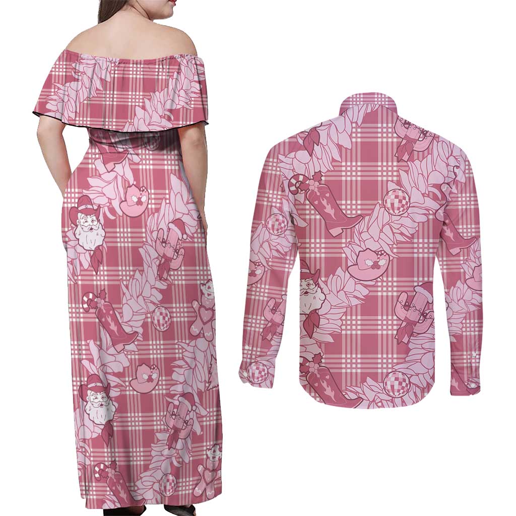 Pink Palaka Hawaii Cowboy Christmas Couples Matching Off Shoulder Maxi Dress and Long Sleeve Button Shirt Paniolo Mix Maile Lei - Polynesian Pride