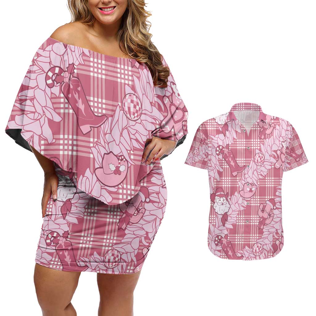 Pink Palaka Hawaii Cowboy Christmas Couples Matching Off Shoulder Short Dress and Hawaiian Shirt Paniolo Mix Maile Lei LT7 Pink - Polynesian Pride