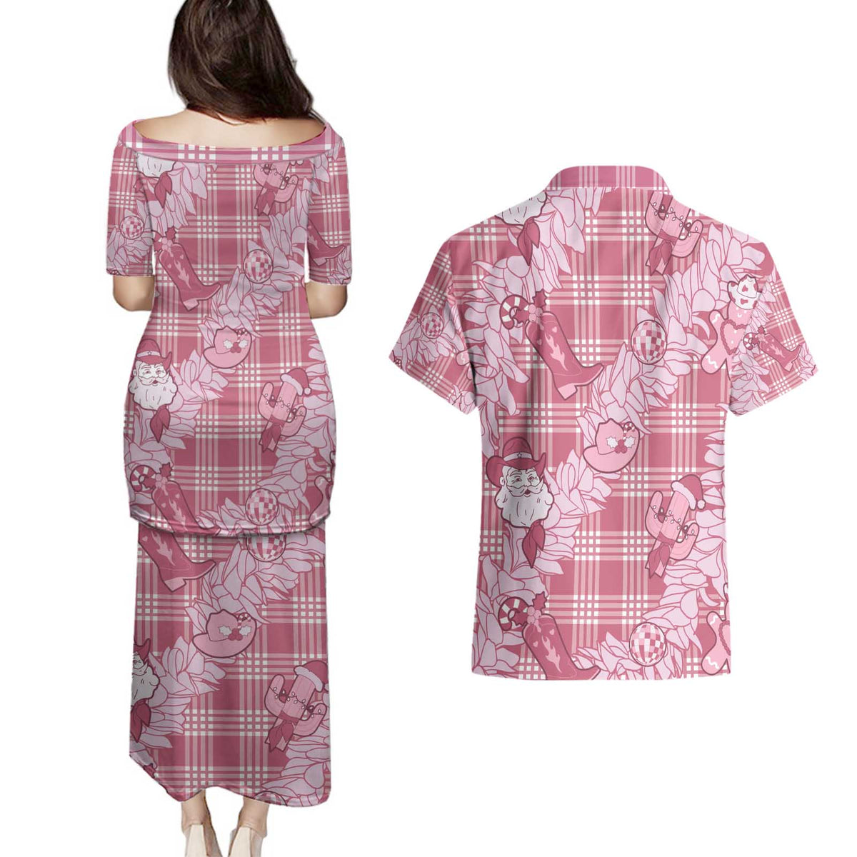 Pink Palaka Hawaii Cowboy Christmas Couples Matching Puletasi and Hawaiian Shirt Paniolo Mix Maile Lei LT7 - Polynesian Pride