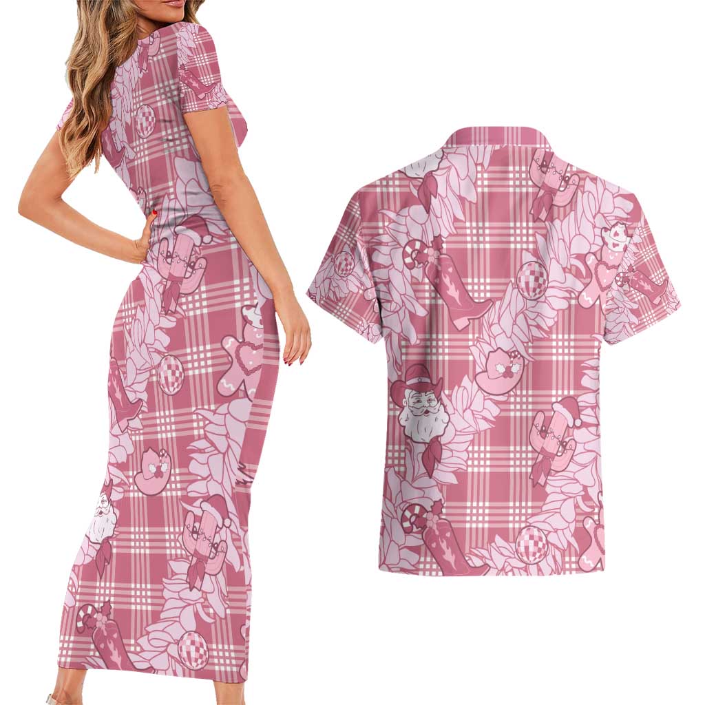 Pink Palaka Hawaii Cowboy Christmas Couples Matching Short Sleeve Bodycon Dress and Hawaiian Shirt Paniolo Mix Maile Lei LT7 - Polynesian Pride