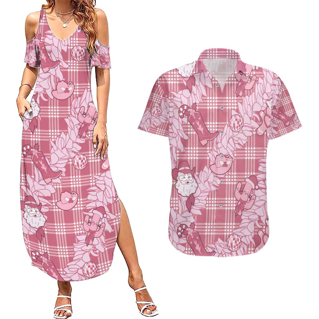 Pink Palaka Hawaii Cowboy Christmas Couples Matching Summer Maxi Dress and Hawaiian Shirt Paniolo Mix Maile Lei LT7 Pink - Polynesian Pride