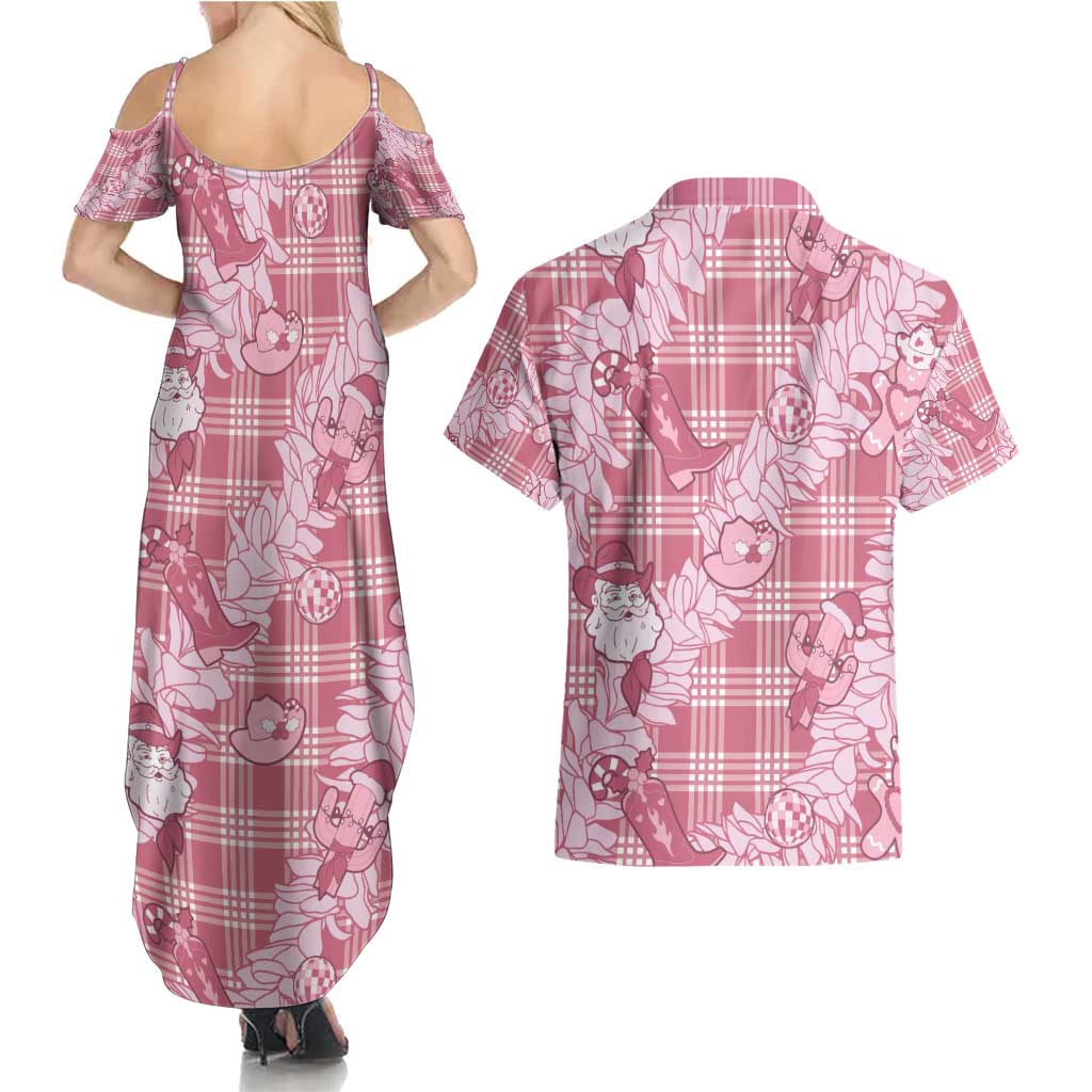 Pink Palaka Hawaii Cowboy Christmas Couples Matching Summer Maxi Dress and Hawaiian Shirt Paniolo Mix Maile Lei LT7 - Polynesian Pride