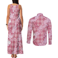 Pink Palaka Hawaii Cowboy Christmas Couples Matching Tank Maxi Dress and Long Sleeve Button Shirt Paniolo Mix Maile Lei - Polynesian Pride