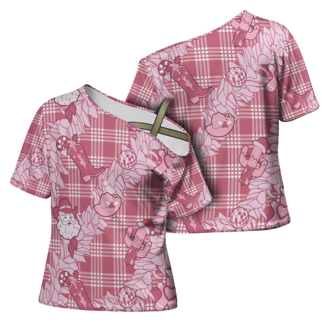 Pink Palaka Hawaii Cowboy Christmas Cross Shoulder Shirt Paniolo Mix Maile Lei - Polynesian Pride