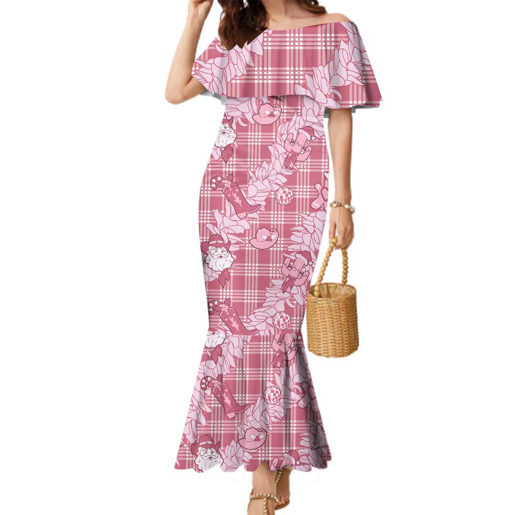 Pink Palaka Hawaii Cowboy Christmas Family Matching Mermaid Dress and Hawaiian Shirt Paniolo Mix Maile Lei - Polynesian Pride