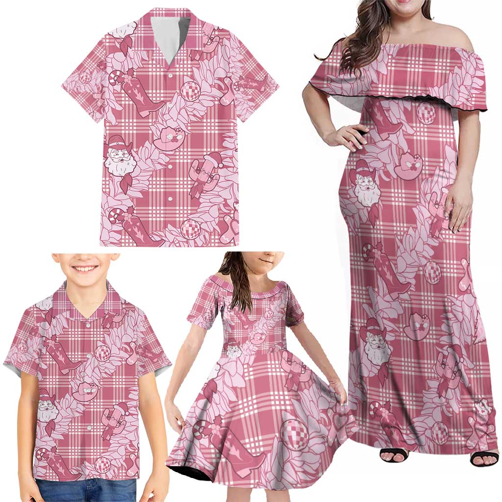 Pink Palaka Hawaii Cowboy Christmas Family Matching Off Shoulder Maxi Dress and Hawaiian Shirt Paniolo Mix Maile Lei - Polynesian Pride