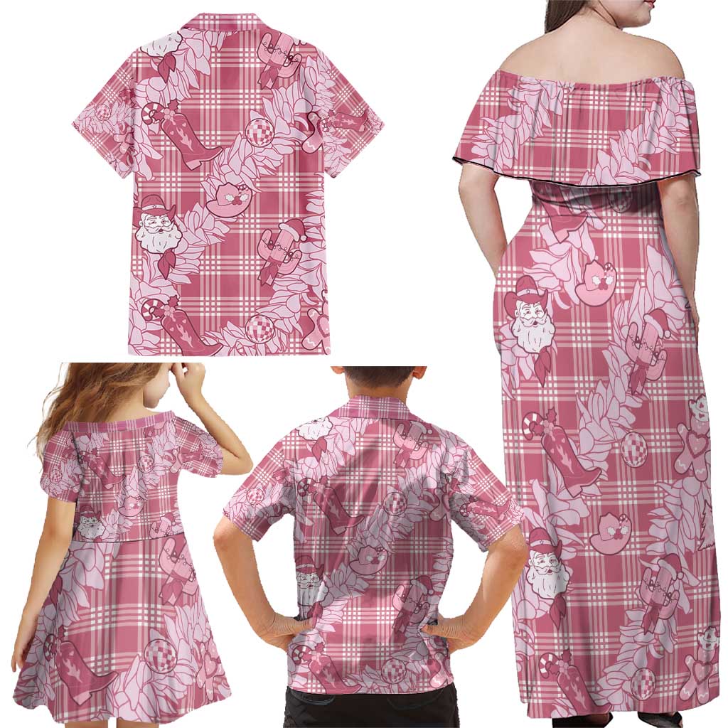 Pink Palaka Hawaii Cowboy Christmas Family Matching Off Shoulder Maxi Dress and Hawaiian Shirt Paniolo Mix Maile Lei - Polynesian Pride