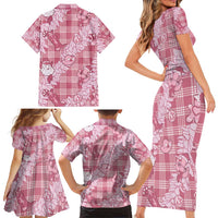 Pink Palaka Hawaii Cowboy Christmas Family Matching Short Sleeve Bodycon Dress and Hawaiian Shirt Paniolo Mix Maile Lei LT7 - Polynesian Pride