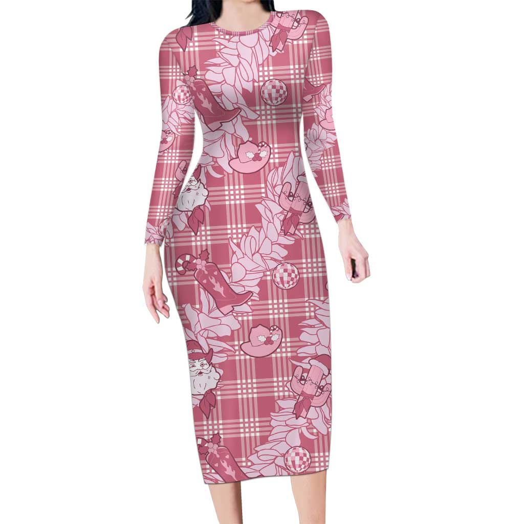 Pink Palaka Hawaii Cowboy Christmas Long Sleeve Bodycon Dress Paniolo Mix Maile Lei - Polynesian Pride