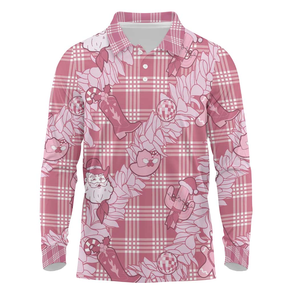 Pink Palaka Hawaii Cowboy Christmas Long Sleeve Polo Shirt Paniolo Mix Maile Lei - Polynesian Pride