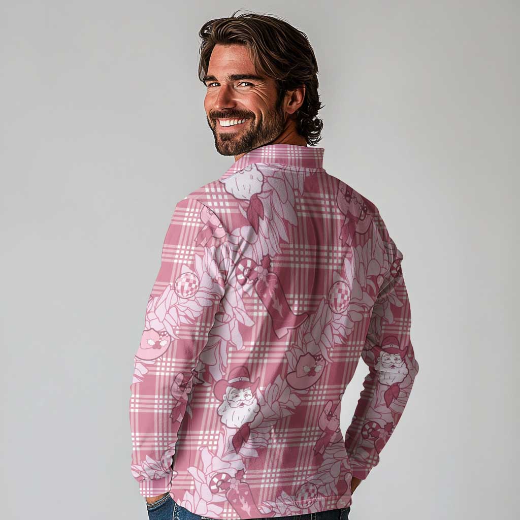 Pink Palaka Hawaii Cowboy Christmas Long Sleeve Polo Shirt Paniolo Mix Maile Lei - Polynesian Pride