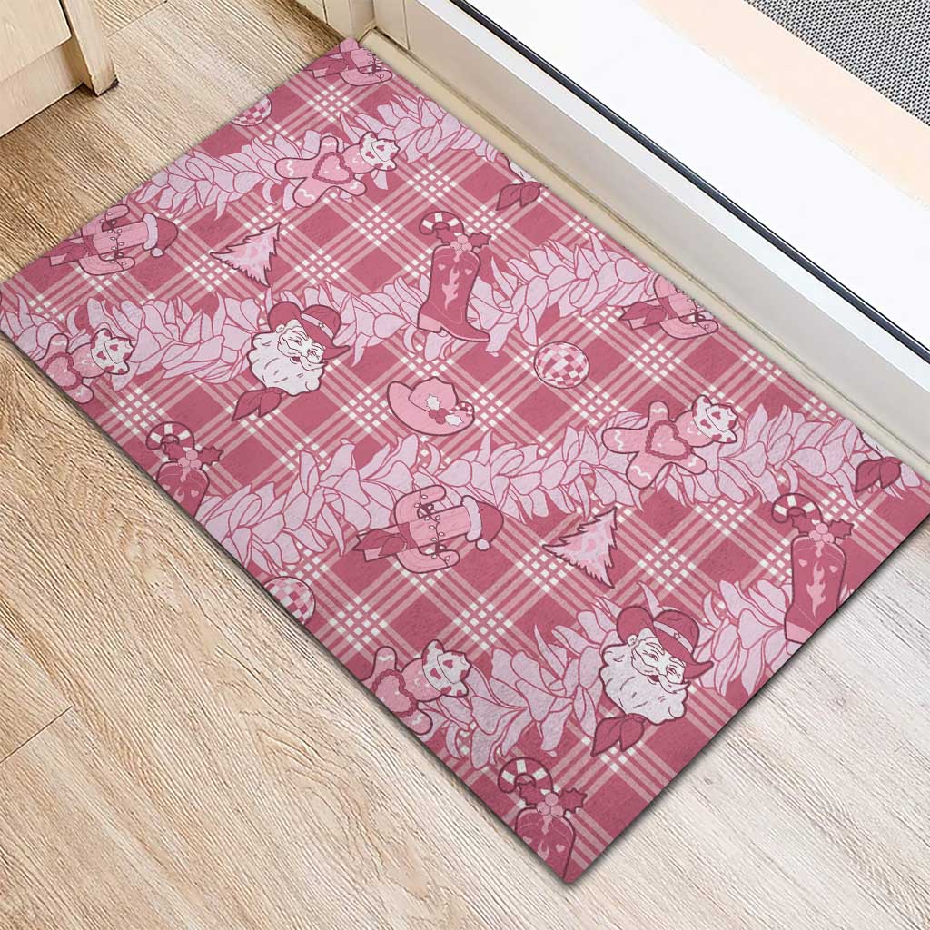 Pink Palaka Hawaii Cowboy Christmas Rubber Doormat Paniolo Mix Maile Lei - Polynesian Pride