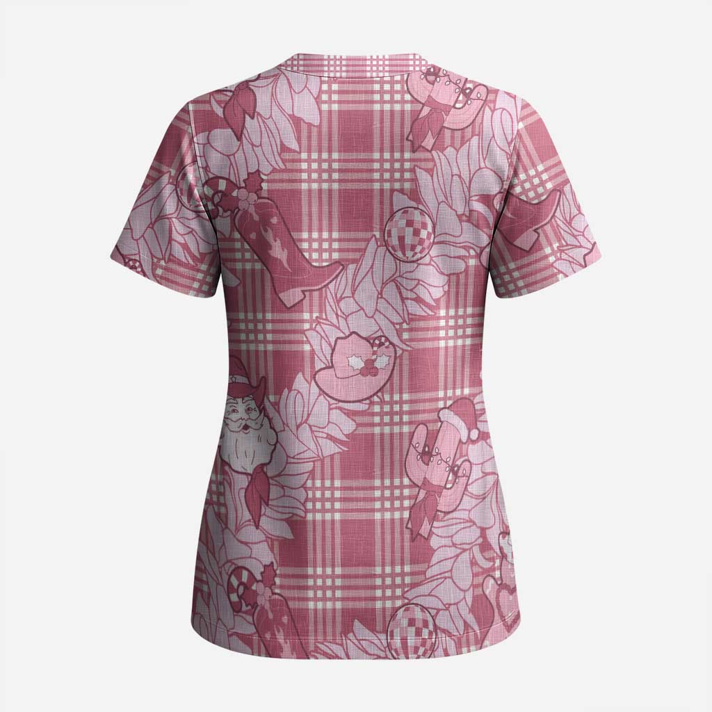Pink Palaka Hawaii Cowboy Christmas Scrub Top Paniolo Mix Maile Lei - Polynesian Pride