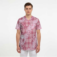 Pink Palaka Hawaii Cowboy Christmas Scrub Top Paniolo Mix Maile Lei - Polynesian Pride