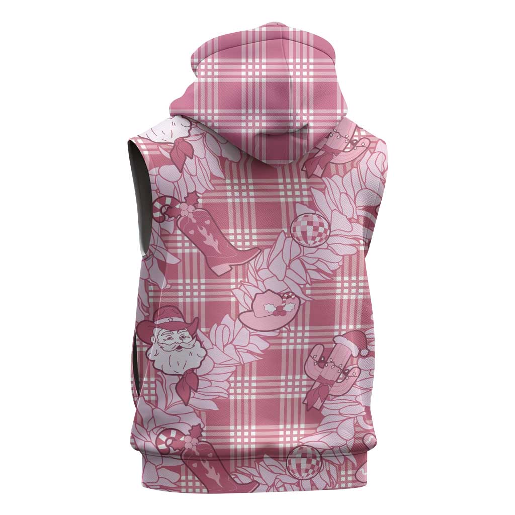 Pink Palaka Hawaii Cowboy Christmas Sleeveless Zip Hoodie Paniolo Mix Maile Lei - Polynesian Pride