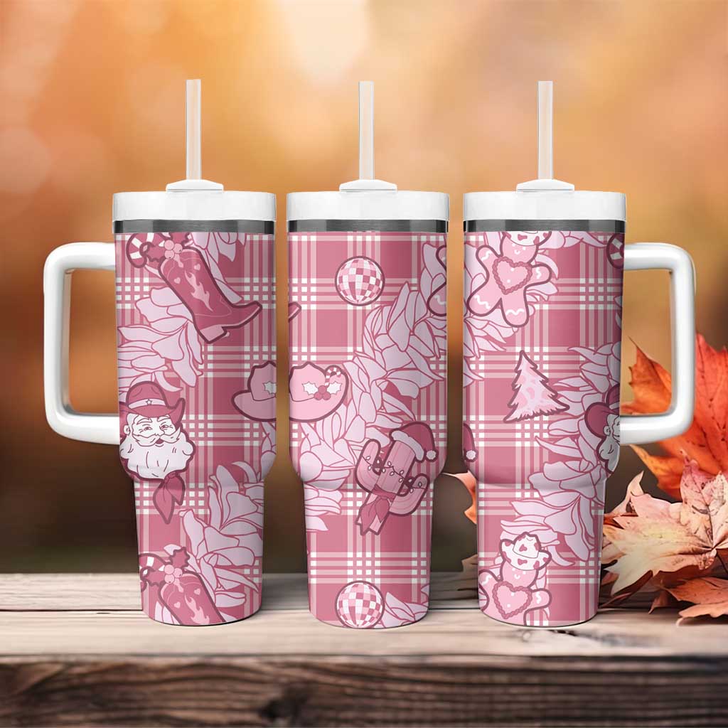 Pink Palaka Hawaii Cowboy Christmas Tumbler With Handle Paniolo Mix Maile Lei - Polynesian Pride