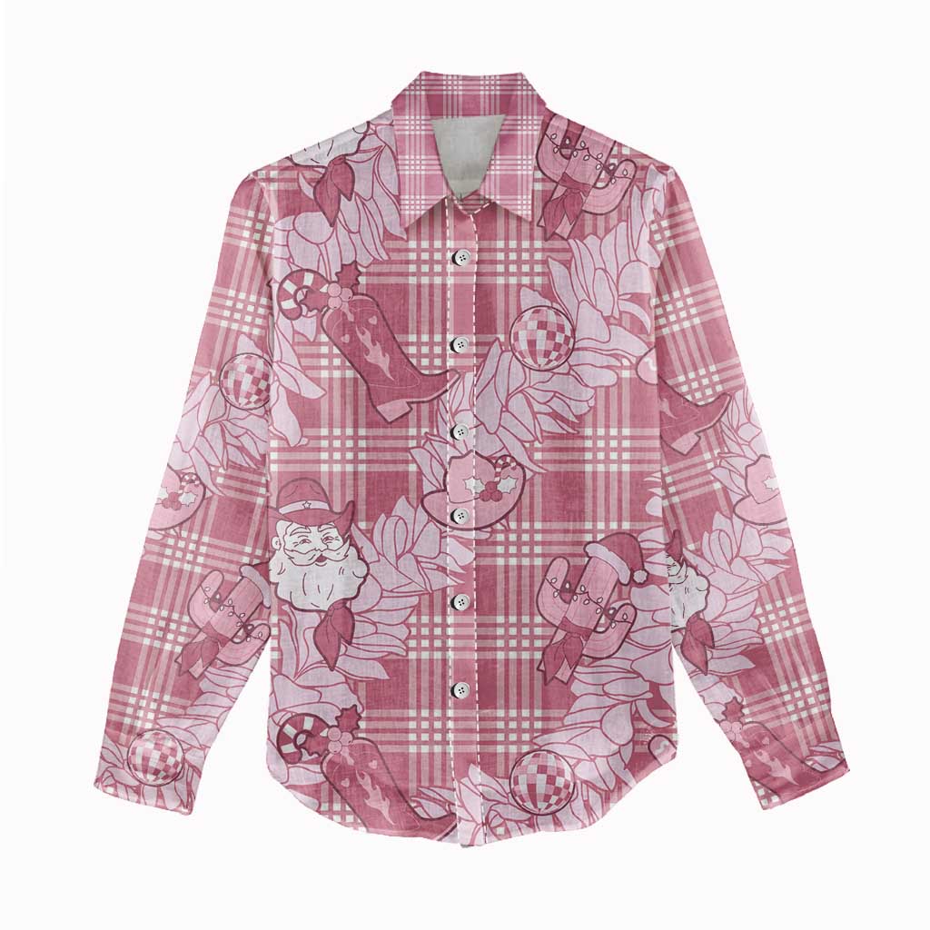 Pink Palaka Hawaii Cowboy Christmas Women Casual Shirt Paniolo Mix Maile Lei - Polynesian Pride