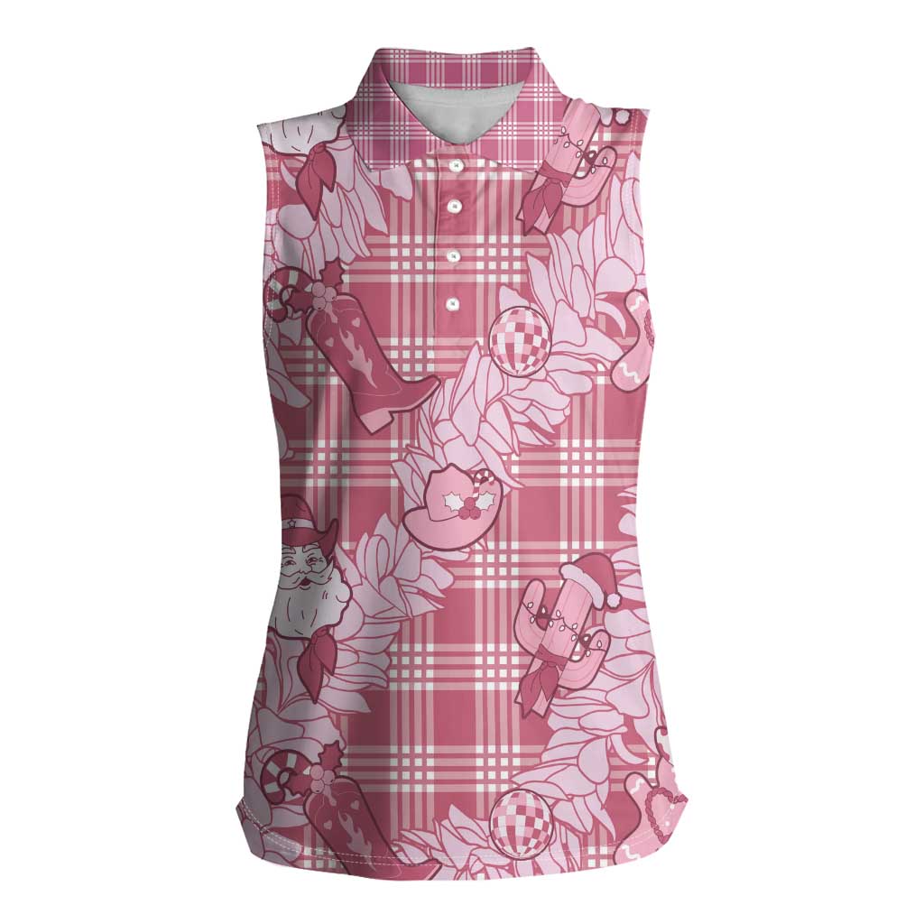 Pink Palaka Hawaii Cowboy Christmas Women Sleeveless Polo Shirt Paniolo Mix Maile Lei - Polynesian Pride
