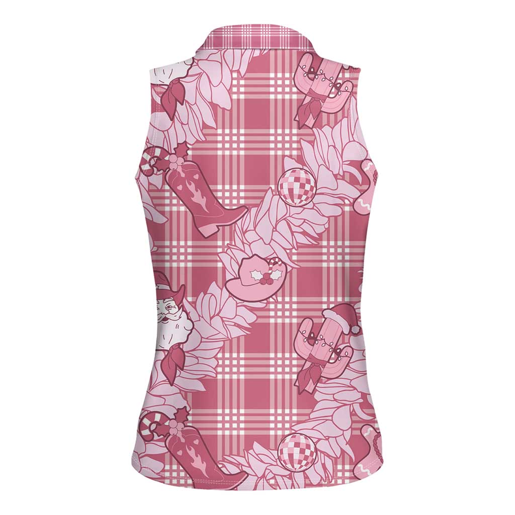 Pink Palaka Hawaii Cowboy Christmas Women Sleeveless Polo Shirt Paniolo Mix Maile Lei - Polynesian Pride
