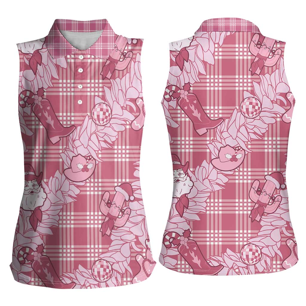 Pink Palaka Hawaii Cowboy Christmas Women Sleeveless Polo Shirt Paniolo Mix Maile Lei - Polynesian Pride