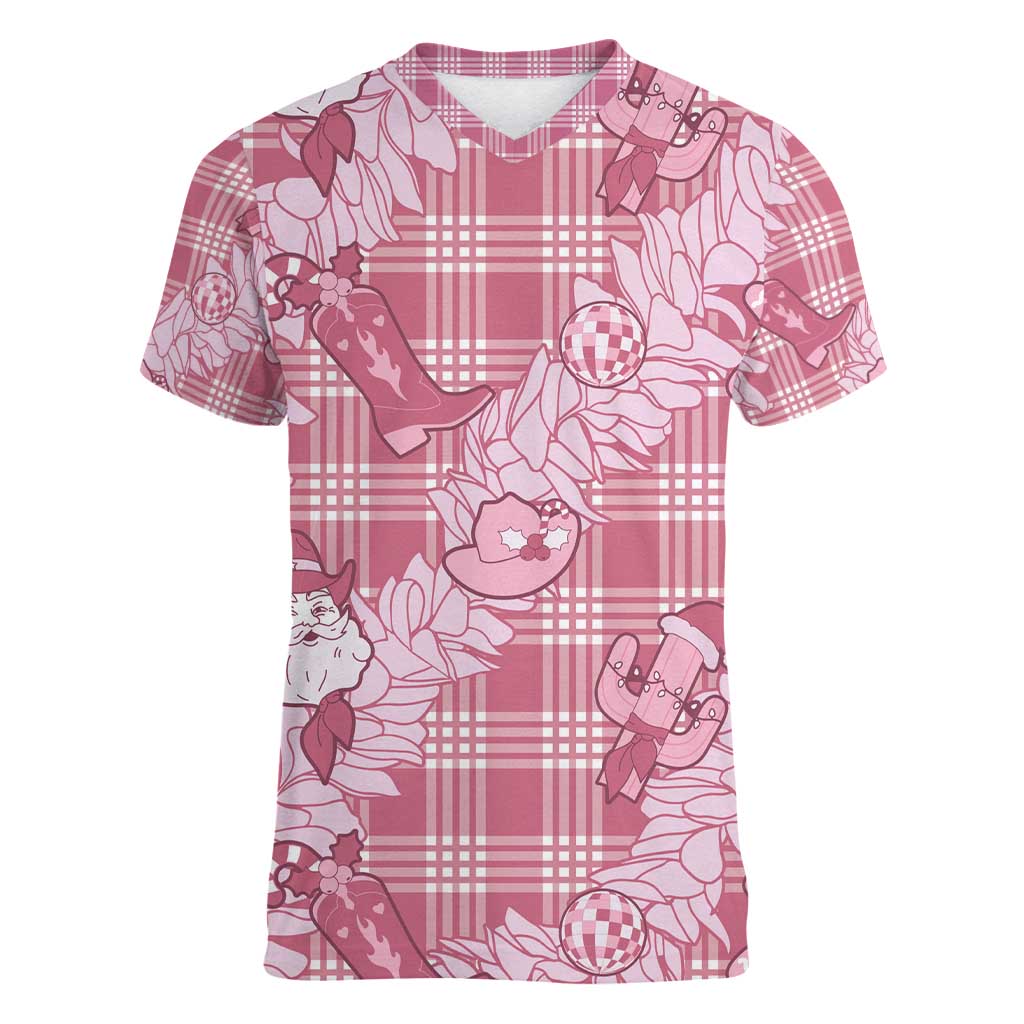 Pink Palaka Hawaii Cowboy Christmas Women V-Neck T-Shirt Paniolo Mix Maile Lei - Polynesian Pride