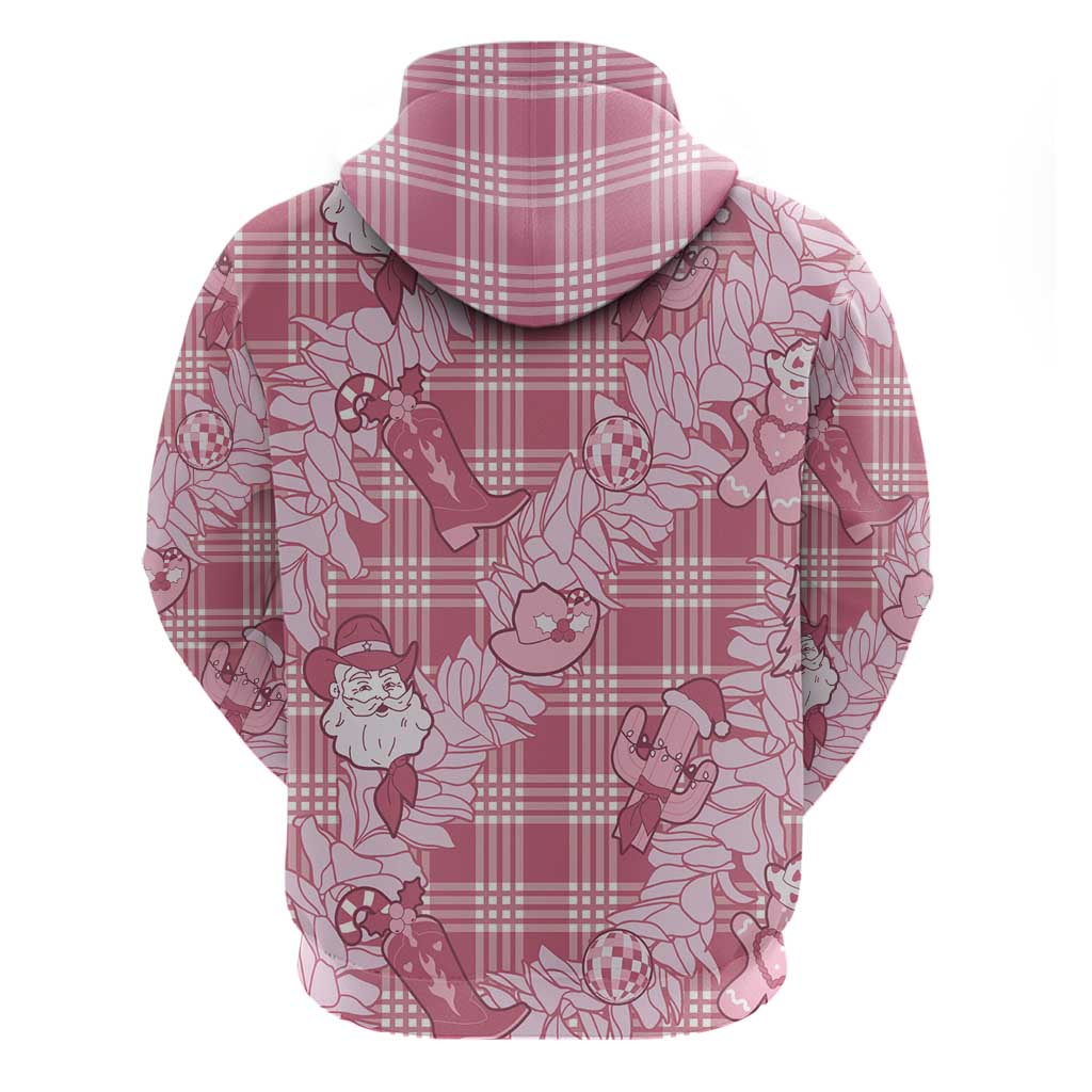 Pink Palaka Hawaii Cowboy Christmas Zip Hoodie Paniolo Mix Maile Lei - Polynesian Pride