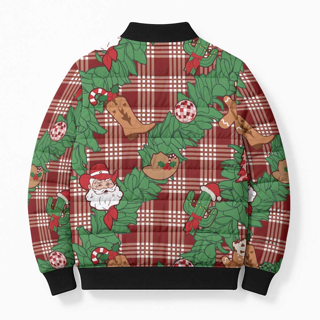 Red Palaka Hawaii Cowboy Christmas Bomber Puffer Jacket Paniolo Mix Maile Lei - Polynesian Pride