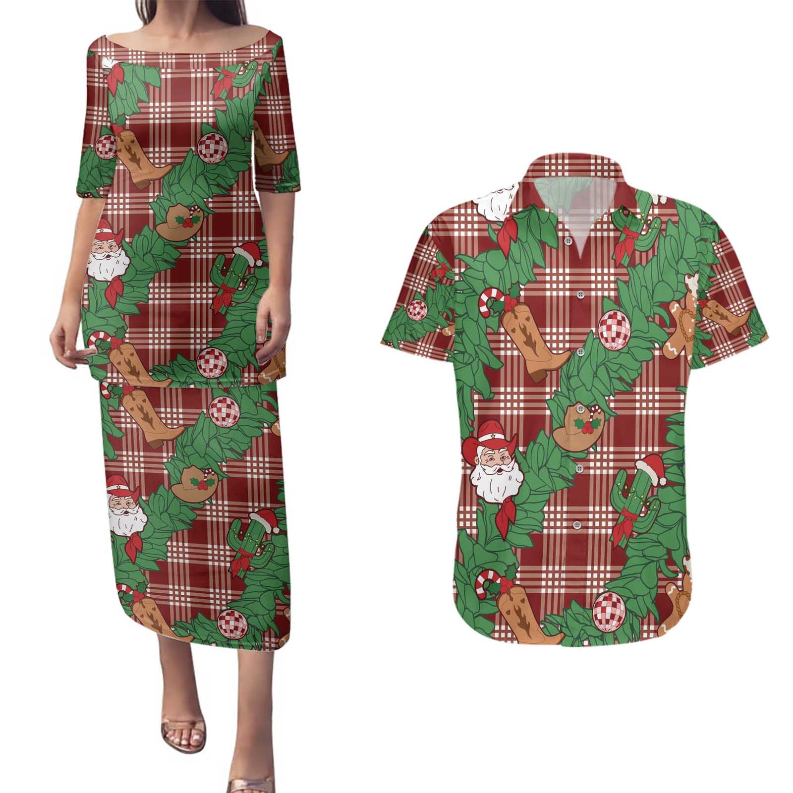 Red Palaka Hawaii Cowboy Christmas Couples Matching Puletasi and Hawaiian Shirt Paniolo Mix Maile Lei - Polynesian Pride