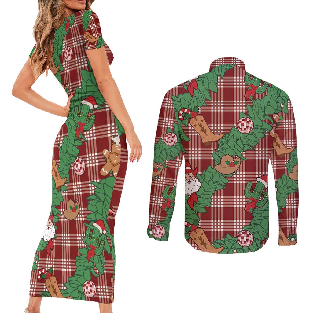 Red Palaka Hawaii Cowboy Christmas Couples Matching Short Sleeve Bodycon Dress and Long Sleeve Button Shirt Paniolo Mix Maile Lei - Polynesian Pride