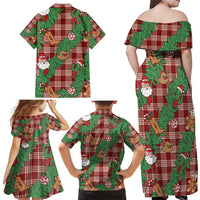 Red Palaka Hawaii Cowboy Christmas Family Matching Off Shoulder Maxi Dress and Hawaiian Shirt Paniolo Mix Maile Lei - Polynesian Pride