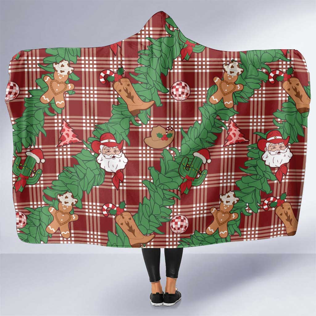 Red Palaka Hawaii Cowboy Christmas Hooded Blanket Paniolo Mix Maile Lei - Polynesian Pride