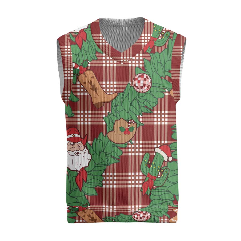Red Palaka Hawaii Cowboy Christmas Knitted V-Neck Vest Paniolo Mix Maile Lei - Polynesian Pride